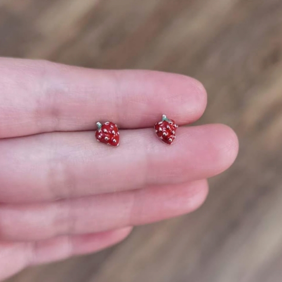 Tiny Red Strawberry Earrings Cute Mini Fruit Enamel Berries Post Berry Studs - Picture 4 of 5